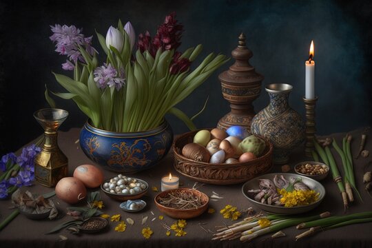 Tabletop with Haft elements for Nowruz: sonbol hyacinth, sabzeh grass, seeb apple, somaq sumac powder, seer garlic illustration generative ai