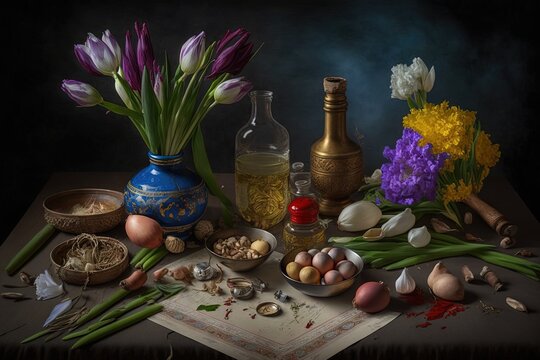 Tabletop with Haft elements for Nowruz: sonbol hyacinth, sabzeh grass, seeb apple, somaq sumac powder, seer garlic illustration generative ai
