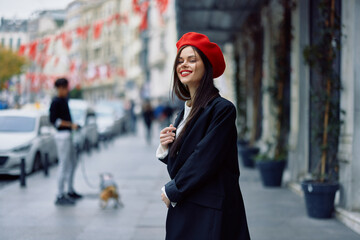 Happiness woman walks walks in the city against the backdrop of office buildings, stylish fashionable vintage clothes and make-up, spring walk, travel.