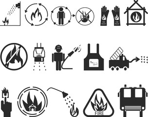Fire safety icon set, 15 fire department icon set black vector