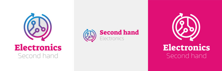 Second hand electronics logo design set, reusable smartphone store modern logotype symbol, second hand devices emblem concept, reselling laptop editable commercial illustration, branding, identity