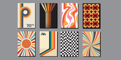 70's poster collection. Set of artworks in hippie, funky, psychedelic and vintage style. Seventies vibes backgrounds. Templates for magazines, flyers, cards. Isolated layouts from 1970.