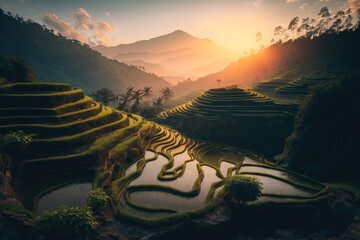 A peaceful view of the rice terraces in Bali, Indonesia, with the verdant fields stretching out in all directions and the sun setting over the distant mountains - Generative AI
