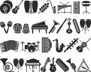 Music instrument icon set, 30 playing musical instruments icon set black vector