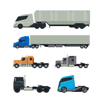 Cargo Tractor Trailer Truck as Heavy-duty Towing Engine Side View Vector Set