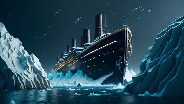 Titanic ship before crashing into giant iceberg in Atlantic Ocean 3D rendered illustration of historic deadly shipwreck accident created with Generative Ai