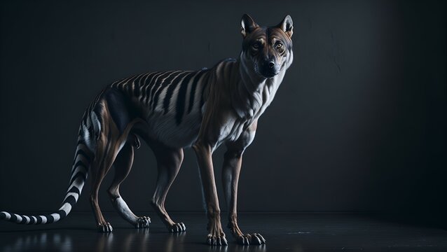 Extinct Tasmanian Tiger: A Realistic 3D Render Illustration of a Rare Predator Standing and Staring at Camera Created With Generative Ai