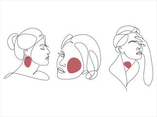 Set of one line drawn woman portraits. Continuous linear silhouette of female face. Outline hand drawn of avatars girls. Linear glamour logo in minimal style for beauty salon, makeup artist, stylist.