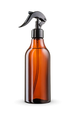Amber brown blank plastic trigger sprayer detergent bottle isolated on white background. Plastic hair salon spray bottle.