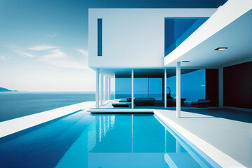 Fototapeta premium Modern residential villa with modern architecture, swimming pool and sea view. Generative AI illustration