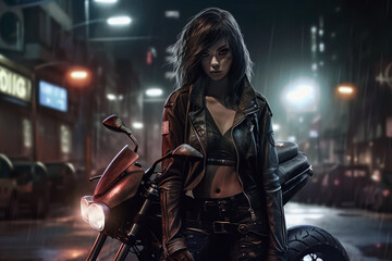 Fototapeta na wymiar Illustration of a female bounty hunter with her bike - Dystopica