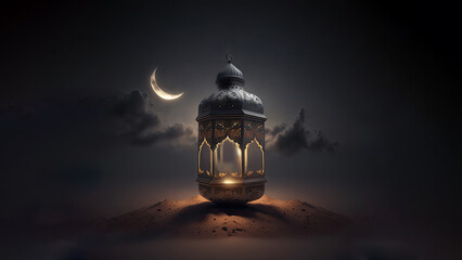 3D Render of Arabic Lamp On Dune And Realistic Crescent Moon. Islamic Religious Concept.
