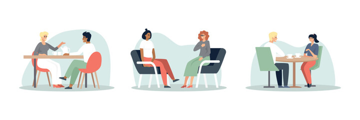 Set of colored cartoon characters meeting and talking. Colleagues having conversation in modern restaurants. Friends spending time together in cafe. Vector