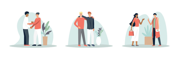 Set of different cartoon characters feeling happy when meeting. Friends spending time together. Human communication and behavior. Bonding relationships between people. Vector