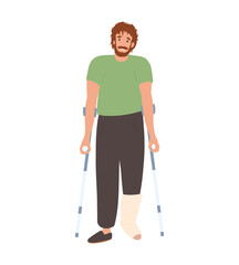 Man with crutches and plastered foot, broken Leg