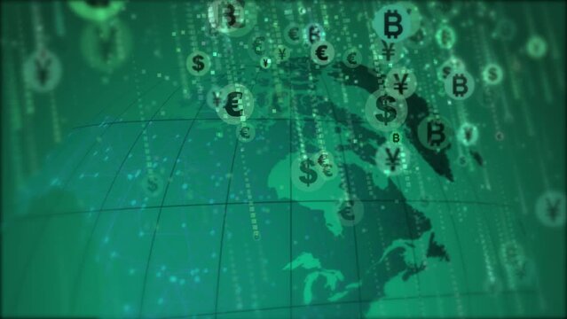 World currency symbols falling down like rain on the background of the rotating planet Earth. Green looped animation for business.