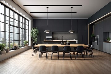 Large windows, a long table with chairs, a wooden floor, and a black kitchen interior with a square poster on the wall. a mockup. Generative AI