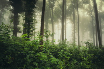 misty morning in green woods
