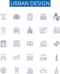 Urban design line icons signs set. Design collection of Urban, Design, Architecture, Placemaking, City, Streetscape, Landscape, Sustainability outline concept vector illustrations