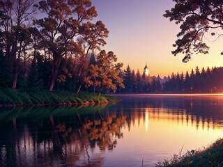 sunset over the river, visual novel background