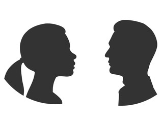 Silhouettes of man and woman face to face. Outlines of people in profile. Illustration on transparent background