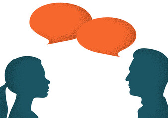 Dialogue between a man and a woman. Silhouettes of people and speech bubbles. Illustration on transparent background