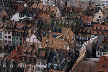 View to strasbourg building Skyline  aerial view of Strasbourg old town, Grand Est region, France. Strasbourg Cathedral. View to Place Gutenberg square