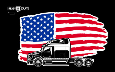  Classic american semi truck. Isolated vehicle with USA flag on black background. Side view. Ready for printing and cutting (Cricut, Silhouette, Cameo). 