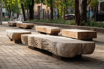 Stone concrete minimalist benches with wooden logs, outdoor seating in public place. Long benches with wooden seat for pedestrians to relax at city park created with Generative AI