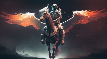 sci-fi concept of the astronaut with wings riding a horse on dark background, digital art style, illustration painting, Generative AI