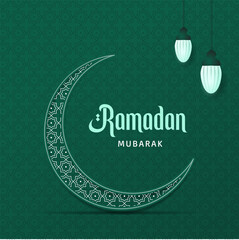 Ramadan Mubarak Banner with Green Background Lanterns, Moon