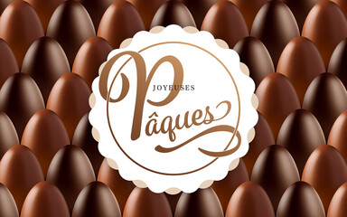 Happy easter card with chocolate eggs pattern in background. Text 