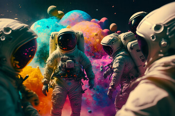 astronauts in space helmet in the middle of multicolored smoke illustration, explosive colorful backgrounds, digital art. Generative AI