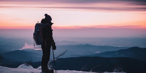 hiker enjoying snowy scenic view after climbing mountains and hills, generative ai