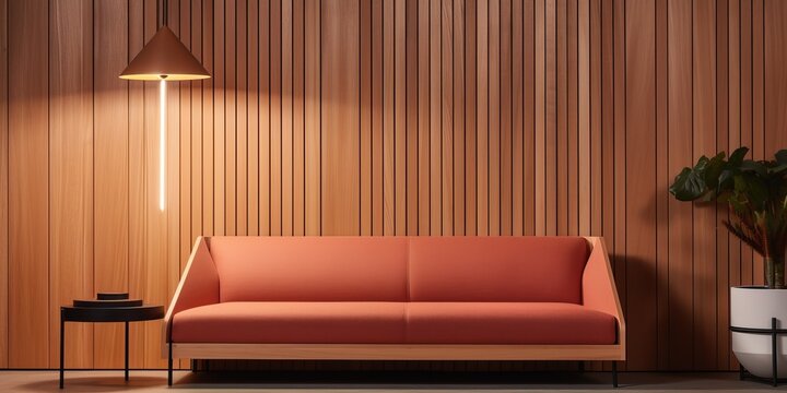 Design Sofa in front of wooden texture wall, generative ai