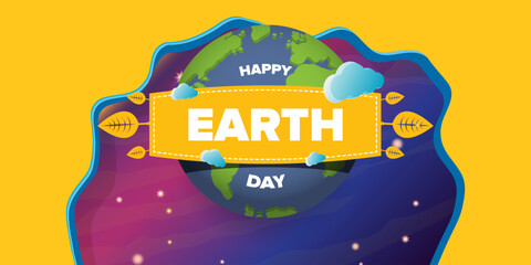 World earth day cartoon horizontal banner with earth globe isolated on violet space background with stars. Vector World earth day concept horizontal illustration with planet and stars