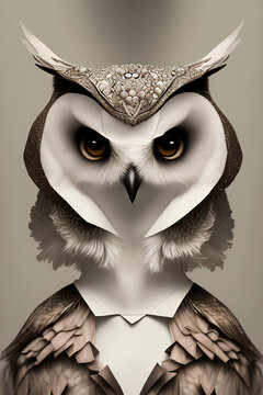 Close-up portrait of a beautiful, graceful owl in clothes. Photography in the style of Vogue. postcard. generative AI
