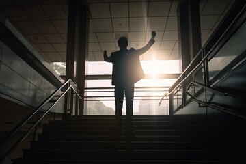 Obraz na płótnie Canvas Reaching New Heights: Businessman Celebrating on Stairs, sucess upward momentum, GENERATIVE AI