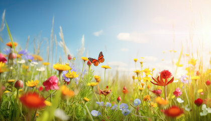 Happy springtime. Idyllic spring concept with bright light and vibrant colors on a sunny morning