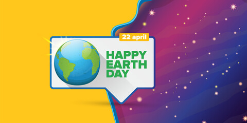World earth day cartoon horizontal banner with earth globe isolated on violet space background with stars. Vector World earth day concept horizontal illustration with planet and stars