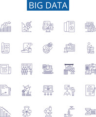 Big data line icons signs set. Design collection of Analytics, Storage, Predictive, Mining, Hadoop, Cloud, AI, Processing outline concept vector illustrations