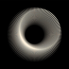 Circle from radial lines as icon or logo. Halftone white design element on black background.