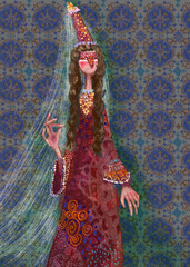 Gloomy illustration of a tall woman in a mask on the background of folk patterns.