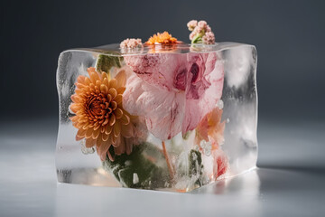 flower, ice cube, soap, spa, cold, freeze, fresh, beauty, flowers, wedding, cake, rose, towel, gift, natural, box, pink, bath, bouquet, nature, hygiene, decoration, table, food, generative