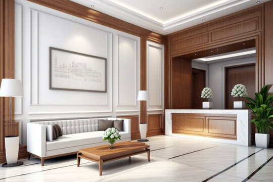 Luxury and contemporary lobby area interior design with wooden material. Generative ai illustration