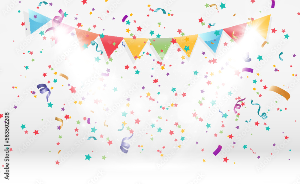 Poster Lots of colorful tiny confetti and ribbons on transparent background. Festive event and party. Multicolor background.Colorful bright confetti isolated on transparent background.