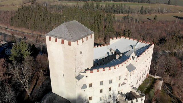 Lienz Castle aerial view in winter, Austria