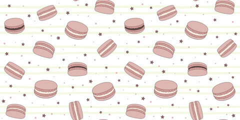 Chocolate macaroons on a striped background with small stars and dots. Endless texture with French sweet pastries. Vector seamless pattern for bakery, pastry shop, sweet shop, confectionery and print