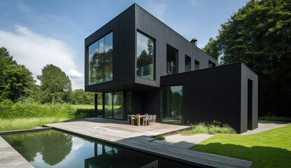 Ultra-modern minimalistic style black wood facade house design. Generative AI