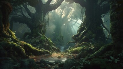 Fototapeta premium Deep Forest Fantasy Backdrop, Concept Art, CG Artwork, Realistic Illustration with Generative AI 